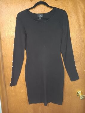 by & by Black Ribbed Long Sleeve Dress with Pearl-Trim Sleeves